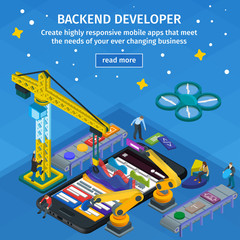 Wall Mural - developing mobile applications flat 3d isometric style. backend