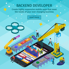 Wall Mural - developing mobile applications flat 3d isometric style. backend