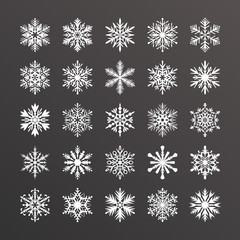 Cute snowflake collection isolated on black background. Flat snow icons, snow flakes silhouette. Nice element for christmas banner, cards. New year ornament. Organic and geometric snowflakes set.