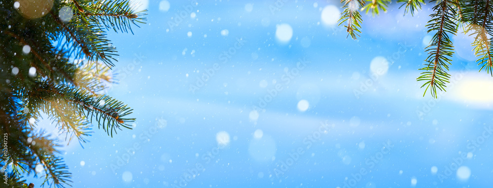 art Christmas tree background; Blue winter Christmas Landscape - obrazy, fototapety, plakaty 