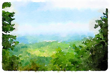 Digital watercolor painting of the picturesque British countryside with green trees, hills and blue sky. With space for text.