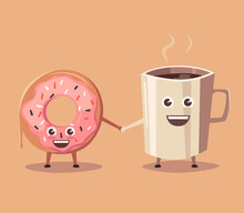 Pink Donut And Coffee Character. Cartoon Vector Illustration