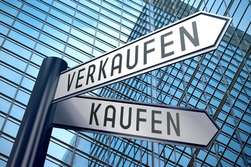 Poster - Signpost illustration, two arrows - buy, sell - English/ kaufen, verkaufen - German.