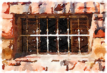 Digital Watercolor Painting With Decorative Metal Bars And Surrounded By Bricks In Brazil.