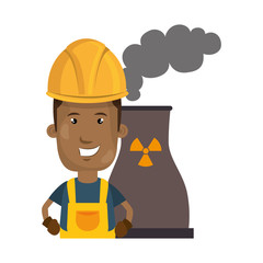 Sticker - avatar man smiling industrial worker with safety equipment and  nuclear plant icon. vector illustration