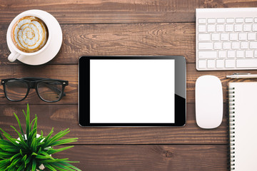Poster - digital tablet blank screen on work desk, mockup black tablet