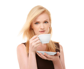 Poster - Beautiful girl with cup of coffee, isolated on white