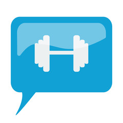 Blue speech bubble with white Dumbbell icon on white background