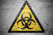 Ziegelsteinmauer mit Warnzeichen Warnung vor Biogefährdung Graffiti