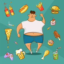 Fast Food Addiction Concept. Unhealthy Nutrition Conception. Fat Man And Different Dishes In Cartoon Style. Vector Illustration