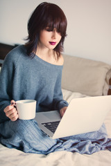 Wall Mural - woman with of coffee or tea and notebook