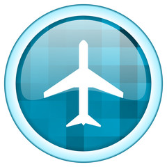 Aufkleber - Blue circle vector airport icon. Round internet glossy airplane button. Web design graphic element. 