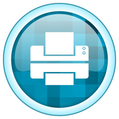 Aufkleber - Blue circle vector printer icon. Round internet glossy print button. Web design graphic element. 