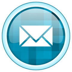 Poster - Blue circle vector envelope icon. Round internet glossy letter button. Web design graphic element. 