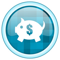 Aufkleber - Blue circle vector piggy bank icon. Round internet glossy button. Web design graphic element. 