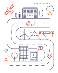 Vector illustration of smart modern city and internet of things cloud service, future technology for living