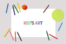 Kid's Art Drawing Mockup, Top View Of Blank Paper Sheet, Placemat With Crayons Around
