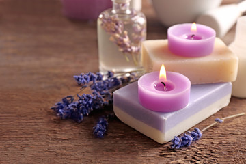  Beautiful spa composition with lavender on wooden table