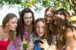 © iriska_ira_love - Young girls look in phone and lovely smile, a hen night