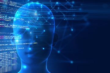 3d rendering of human  brain on programming language background