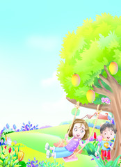 Sticker - Boy and girl swing on a mango tree