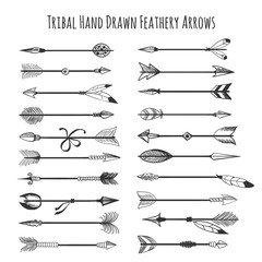 Wall Mural - american indian arrow icons. tribal hand drawn feathery arrows vector illustration