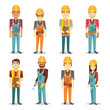 Builder contractor man and female worker vector people character set