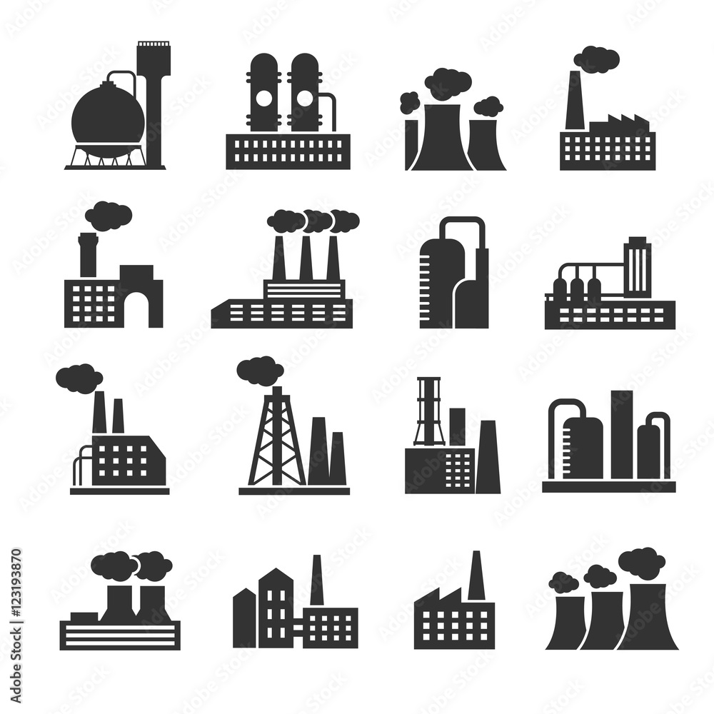 Industrial factory and plant buildings vector icons set Stock Vector ...