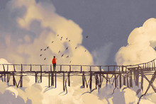Man Standing On Old Bridge In Clouds,illustration Painting