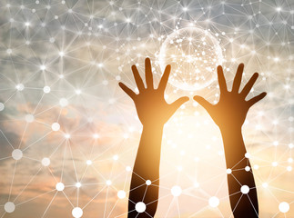 Wall Mural - abstract science, circle global network connection in hands on sunset