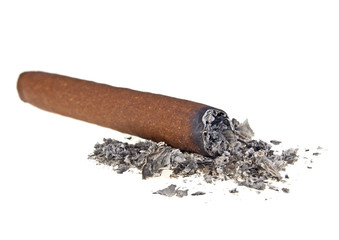 Wall Mural - Brown cigar burned on white background