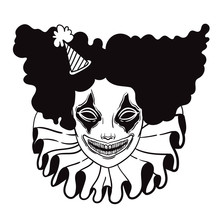 Vector Poster With An Evil Clown. Linear Illustration Of Halloween. Scary Clown Maniac Of Horror