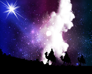 Wall Mural - Three wise men by a star on the background of cosmic sky