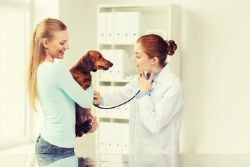 Wall Mural - happy woman with dog and doctor at vet clinic