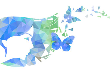 Polygon vector girl and butterflies illustration.