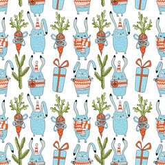 Christmas rabbits seamless pattern