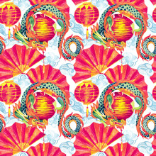 Chinese Dragon Watercolor Seamless Pattern.