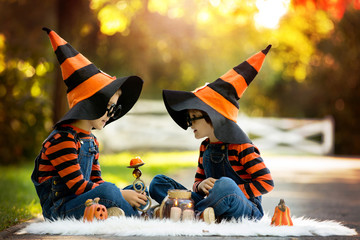 Wall Mural - Two boys in the park with Halloween costumes, having fun