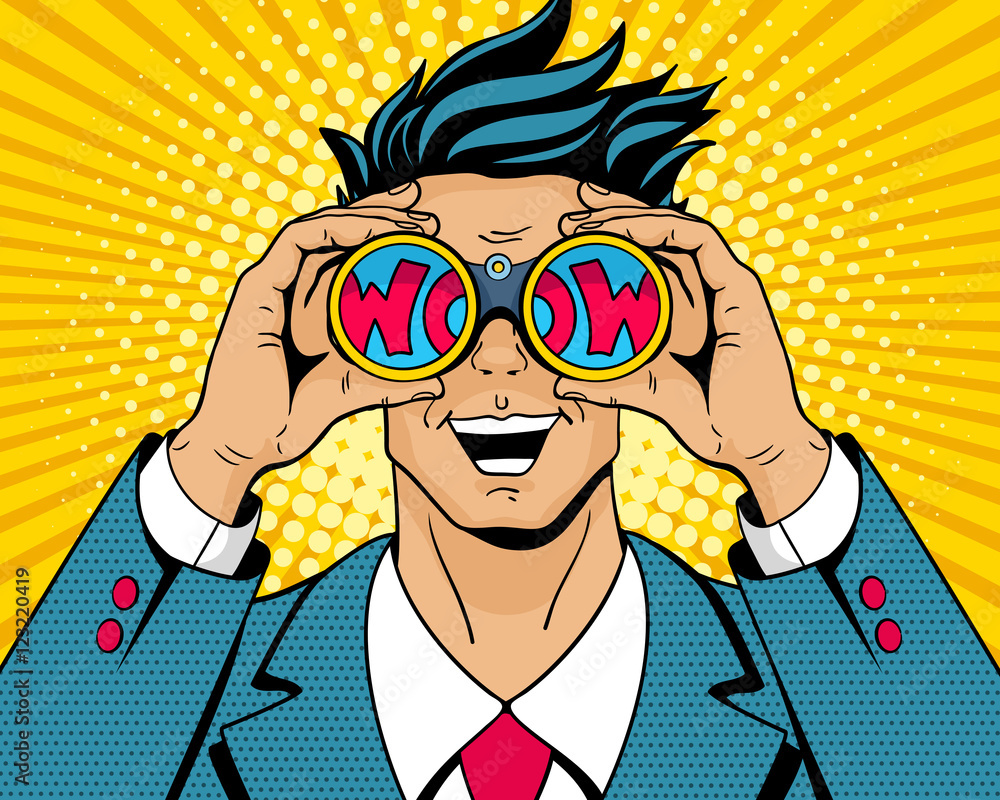 Wow pop art man. Young surprised man in suit with open smile holding binoculars in his hands with inscription wow in reflection. Vector illustration in retro comic style. Colorful pop art background. - obrazy, fototapety, plakaty 