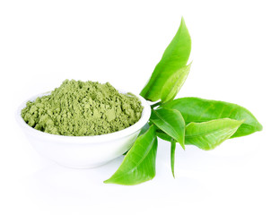 Poster - Green tea powder, green tea on white background