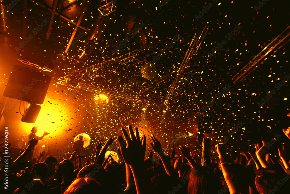 night club party festival dj with crowd of people - obrazy, fototapety, plakaty 