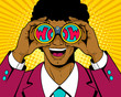 Wow pop art man. Surprised afro american man in suit with open mouth holding binoculars in his hands with inscription wow in reflection. Vector illustration in retro comic style. Pop art background.