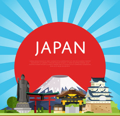 Wall Mural - Japan travel poster with torii gate, fujiyama, buddha statue and ancient temples, vector illustration. Famous attractions on background of red sun circle. Worldwide traveling. Japanese culture