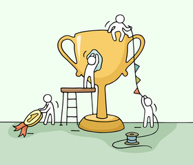 sketch of working little people with cup, teamwork.