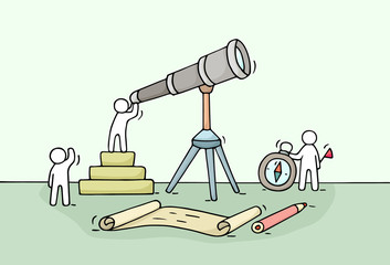 Sketch of working little people with spyglass, teamwork.