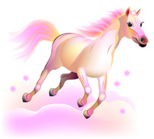 Illustration Of Fantasy Fairyland Pink Horse Running In The Clouds. Vector Cartoon Image.