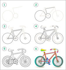 Wall Mural - Page shows how to learn step by step to draw a toy bike. Developing children skills for drawing and coloring. Vector image.