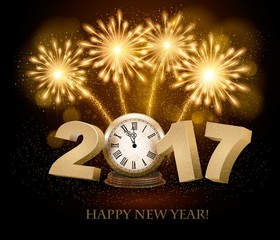 happy new year background with 2017, a clock and fireworks. vect