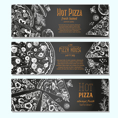 Wall Mural - Pizza banner design template. Flyer design collection. Vector illustration drawn with ink. Vertical vintage banner set. Linear drawn vector illustration. Banner set.