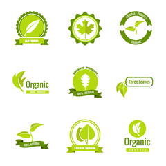 Wall Mural - Natural, eco and organic products vector logos with leaves